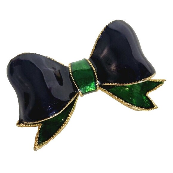 Vintage Brooch Pin Bow Ribbon Enamel Blue Green Gold - Picture 1 of 9